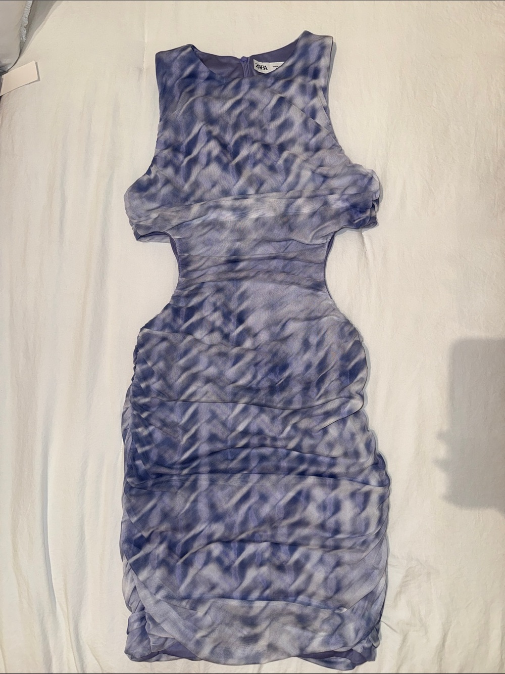 Zara Lavender-Blue Ruched Cutout Mini Dress